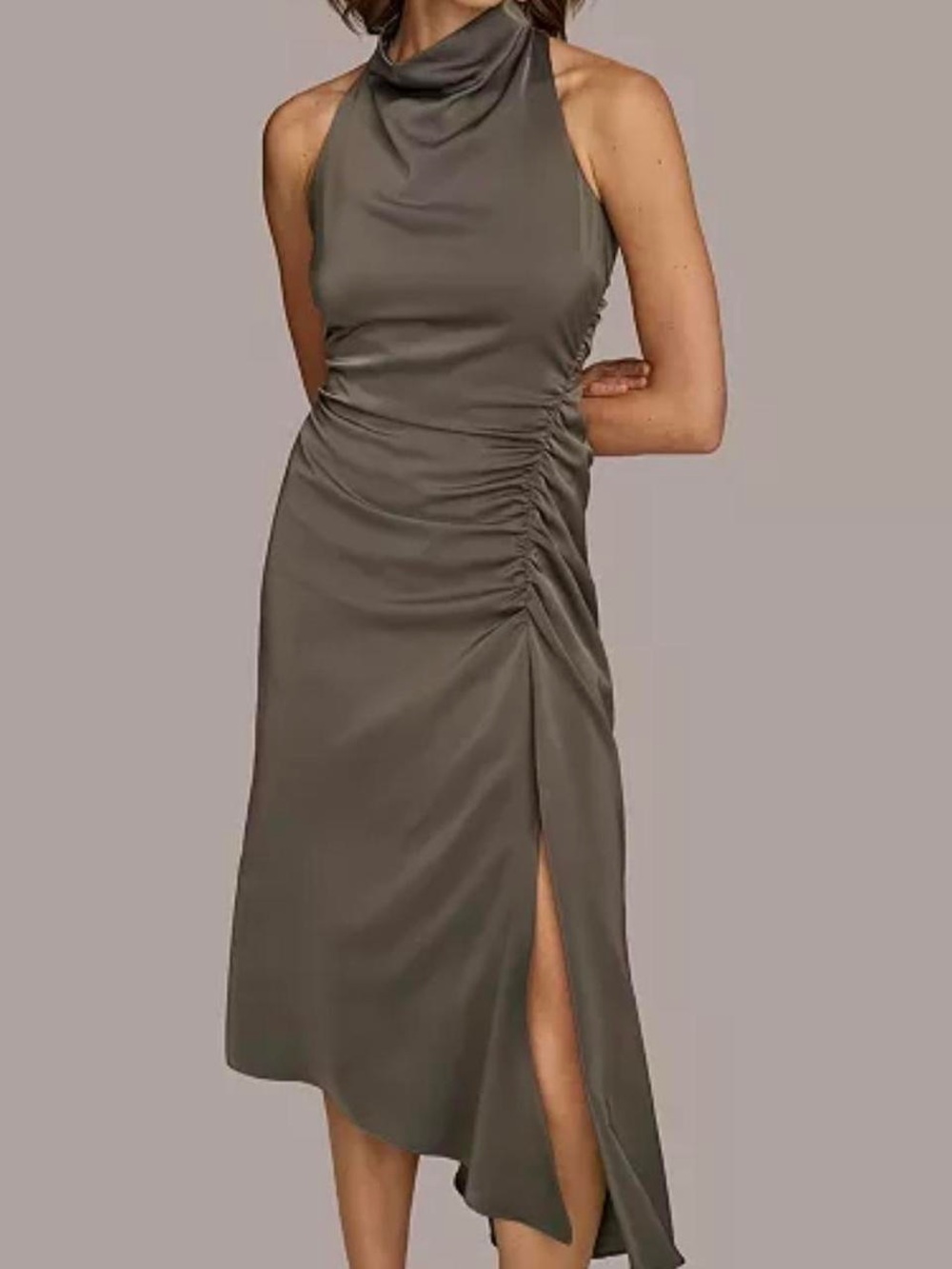 Donna Karan Olive Gray Halter Ruched Midi Dress with Side Slit
